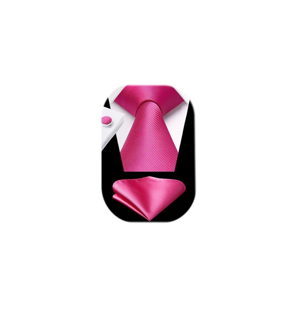 2380 Pink Ties Hot Pink Tie Silk Plain Necktie with Pocket Square Cufflinks